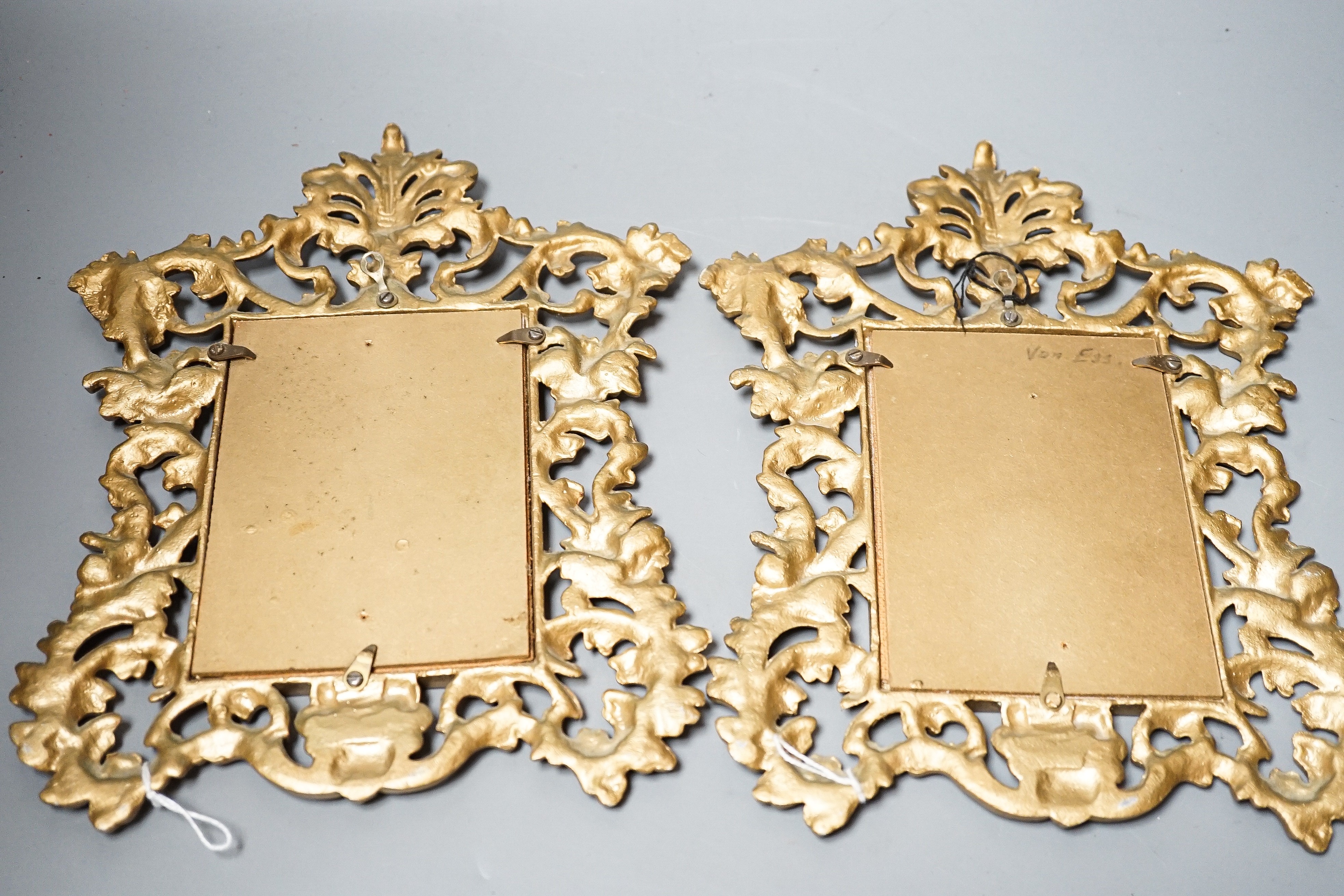 A pair of gilt metal framed still life plaques